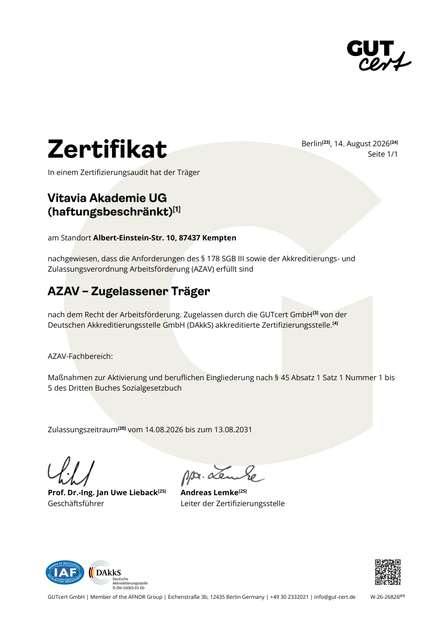 AZAV-Zertifikat der Vitavia Akademie UG, ausgestellt von GUTcert, Nummer W-26-26826