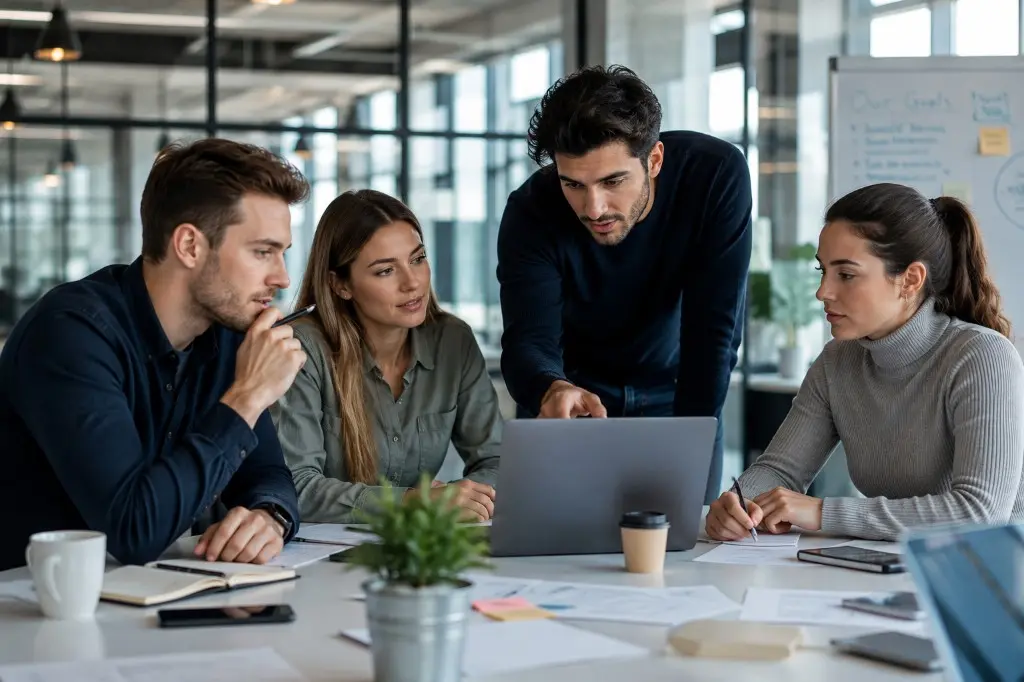 Junges Team arbeitet gemeinsam am Laptop in einem modernen Büro – Zusammenarbeit und unternehmerisches Denken