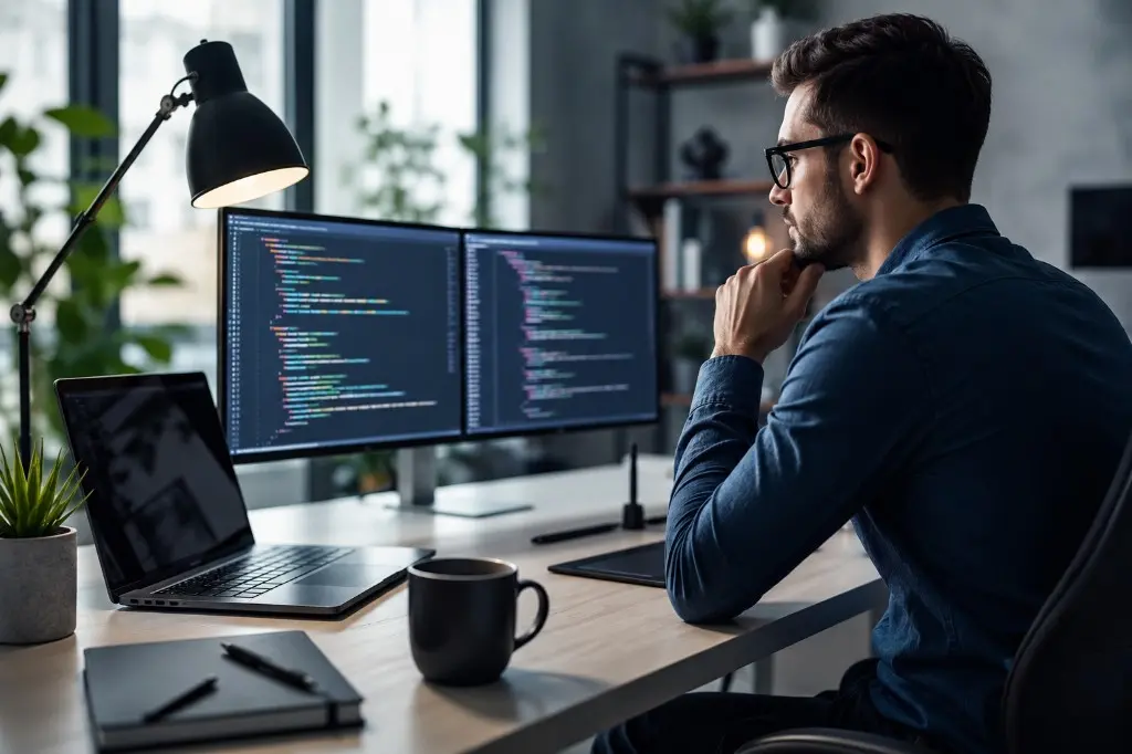 IT-Fachkraft am Schreibtisch vor zwei Monitoren mit Code – Symbol für gefragte IT-Kompetenzen trotz KI