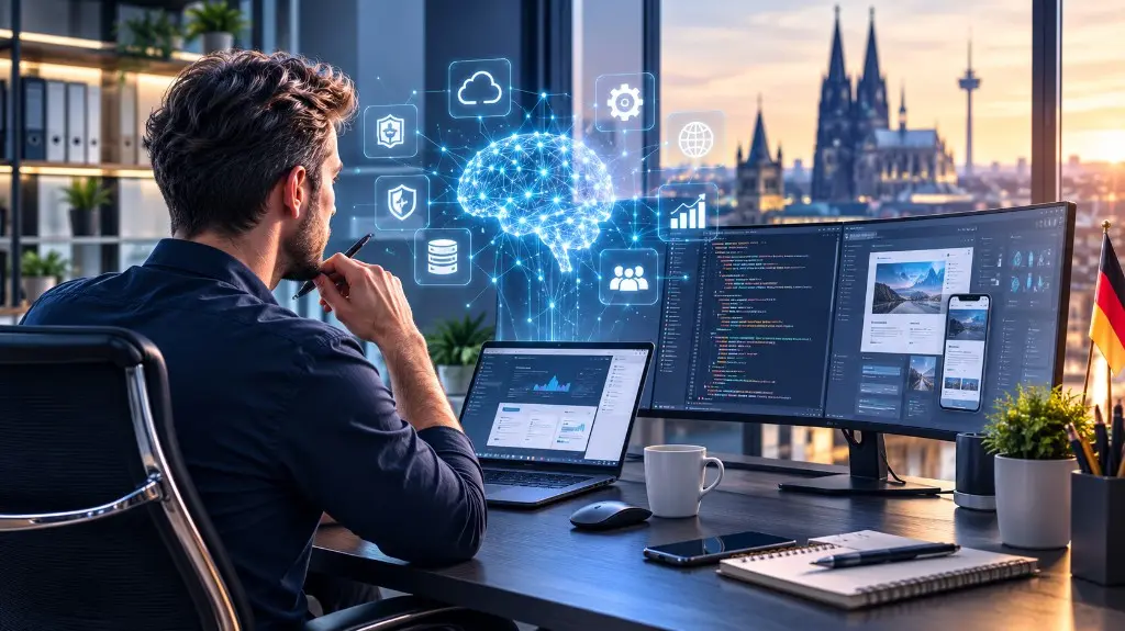 IT-Experte vor mehreren Bildschirmen mit Code und Daten – darüber ein digitales KI-Gehirn und Symbole für Security, Cloud und Architektur