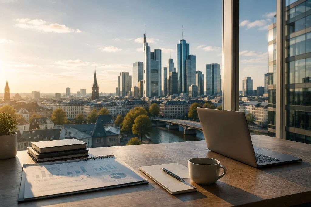 Moderner Arbeitsplatz mit Laptop und Unterlagen vor einer deutschen Großstadt-Skyline bei Abendlicht