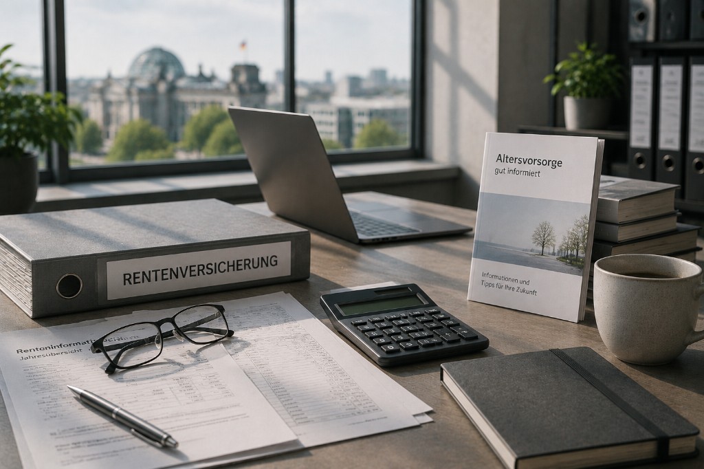 Ordner Rentenversicherung und Broschüre zur Altersvorsorge mit Blick auf den Reichstag in Berlin