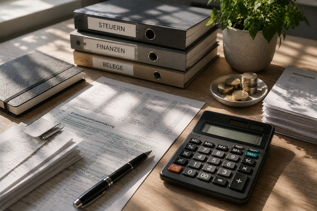 Ordner Steuern, Finanzen und Belege neben Einkommensteuererklärung und Rechnung auf dem Schreibtisch
