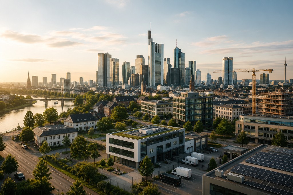 Luftaufnahme einer deutschen Skyline mit begrüntem Dach und Solaranlagen – Symbol für Wirtschaft und Nachhaltigkeit
